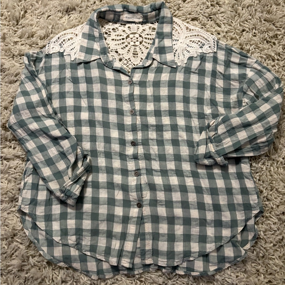 Pretty Good Green and White Button Down Shirt Size M